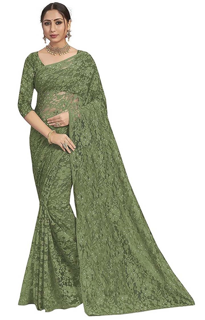Women's Green Knit Brasso Embroidered Saree with Blouse Piece