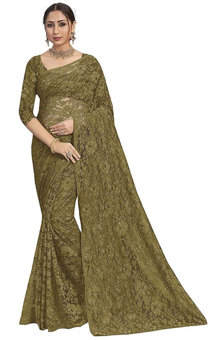 Women's Olive Green Knit Brasso Embroidered Saree with Blouse Piece