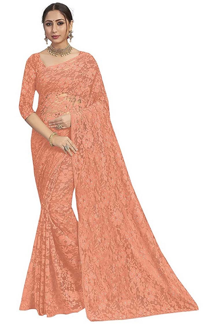Women's Orange Knit Brasso Embroidered Saree with Blouse Piece