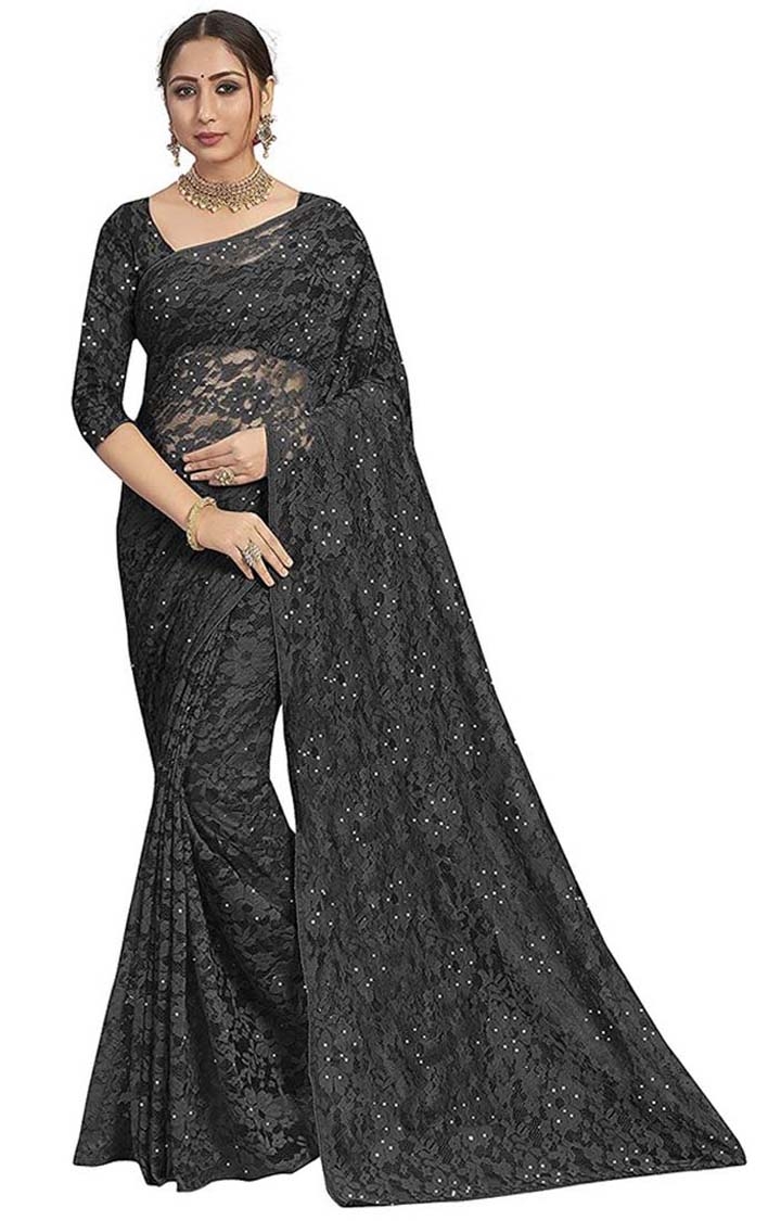 Women's Black Knit Brasso Embroidered Saree with Blouse Piece