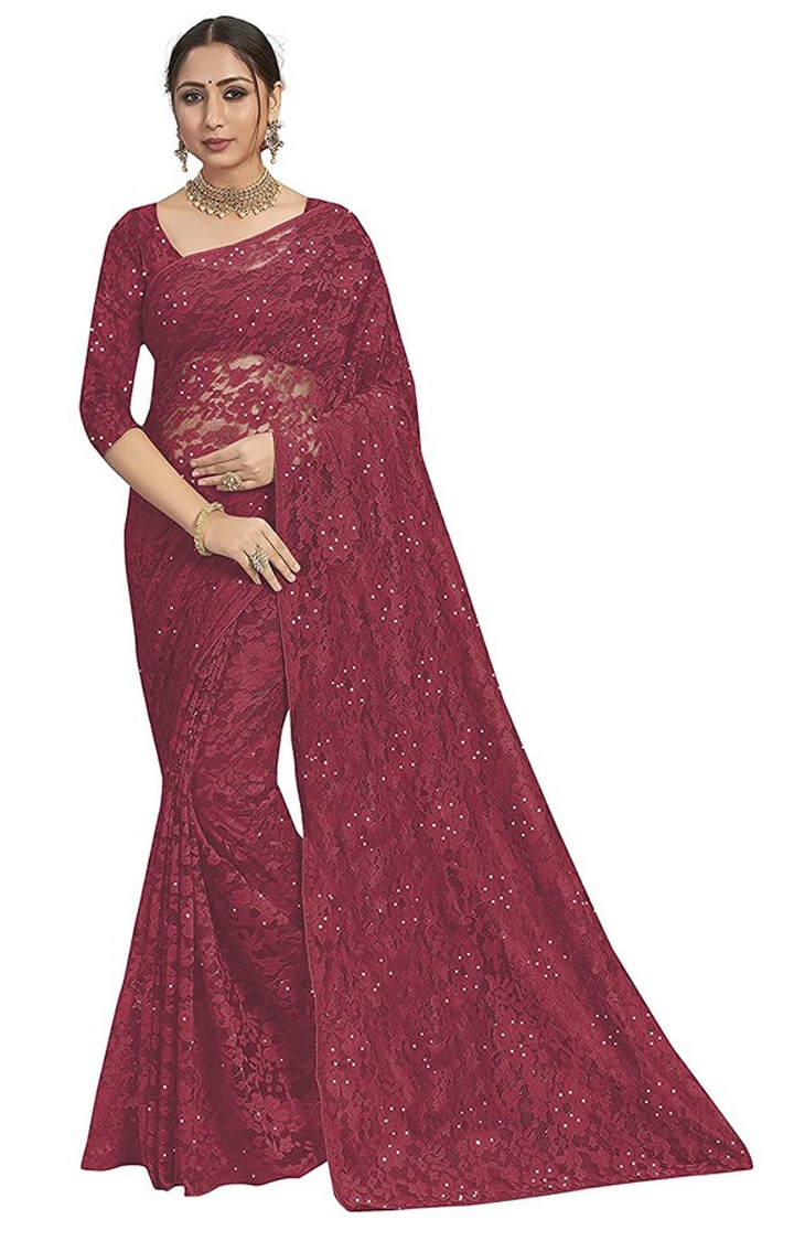 Women's Red Knit Brasso Embroidered Saree with Blouse Piece