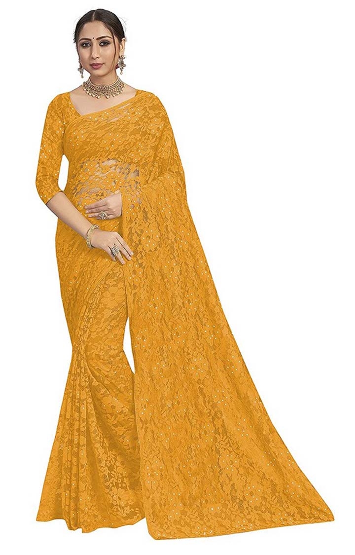 Women's Yellow Knit Brasso Embroidered Saree with Blouse Piece