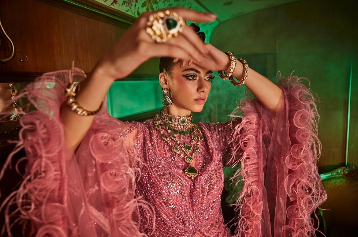 Onion Pink Feather sleeves Gown