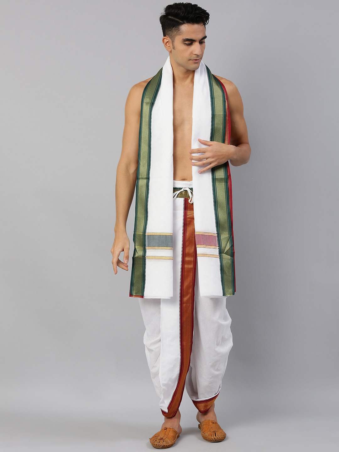 RAMRAJ COTTON Men White Solid Ready Made Panchakacham Dhoti Pants with Angavastram