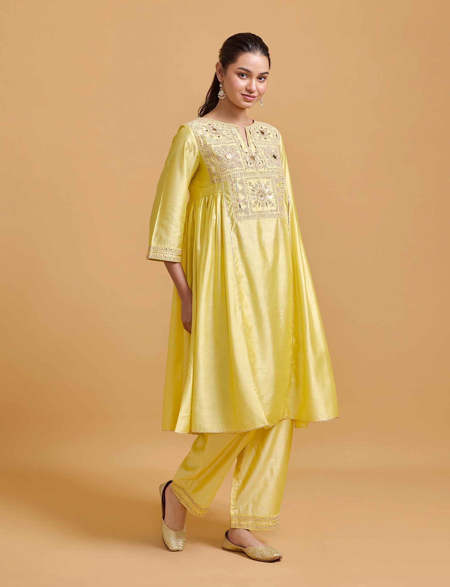 Zeenat Yellow Gathered Kurta Set