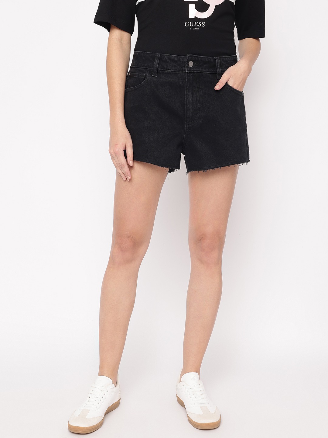 Charcoal Dark Solid High Rise Denim Mom Shorts