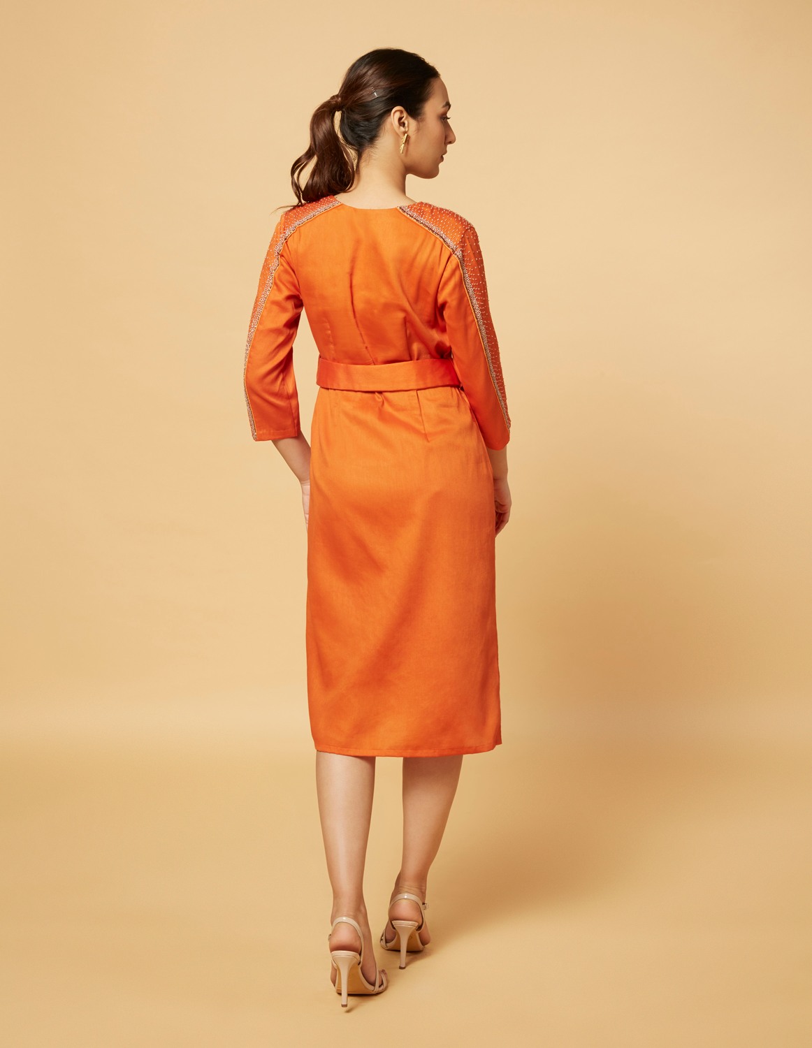 Orange sheath dress with belt
