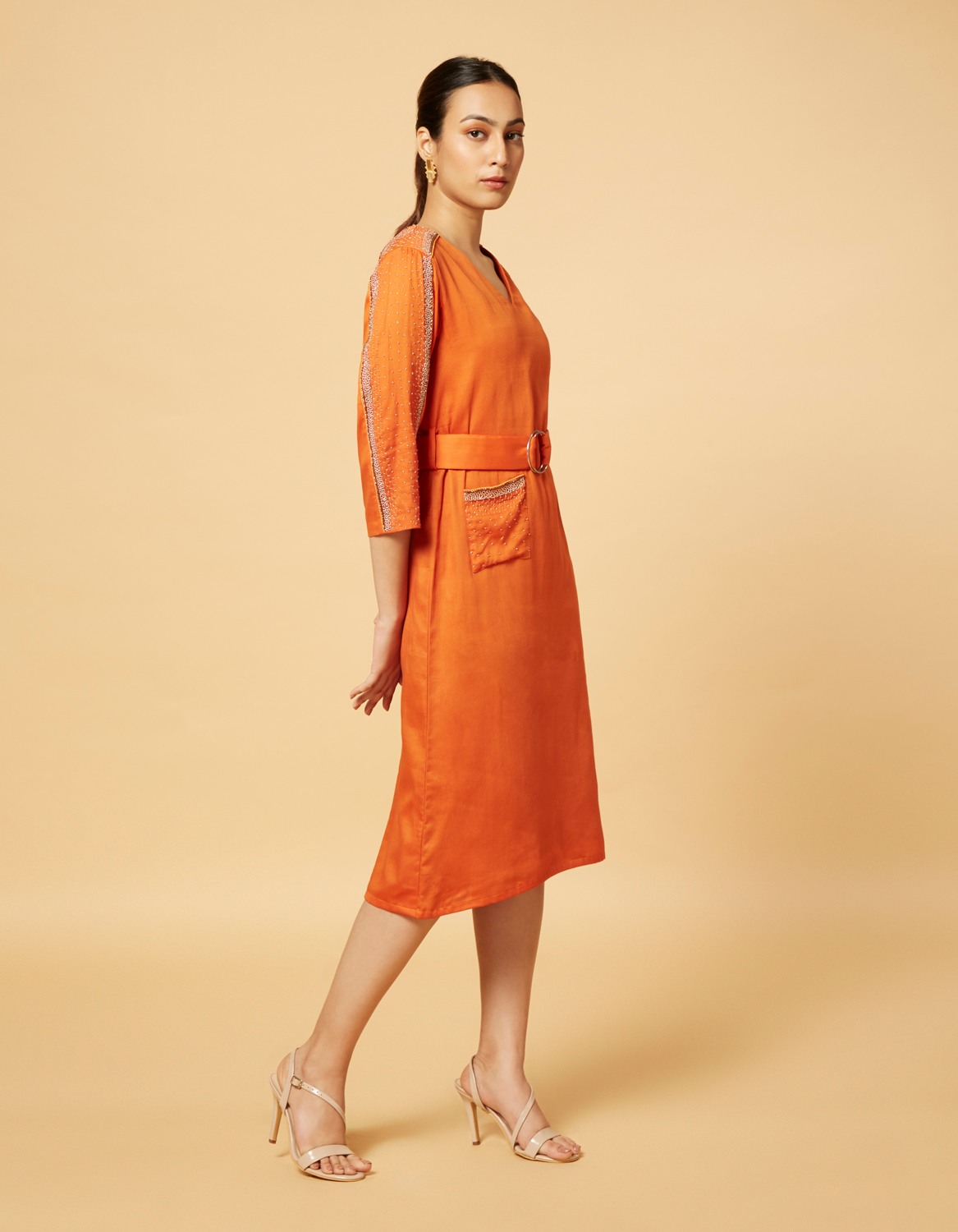Orange sheath dress with belt