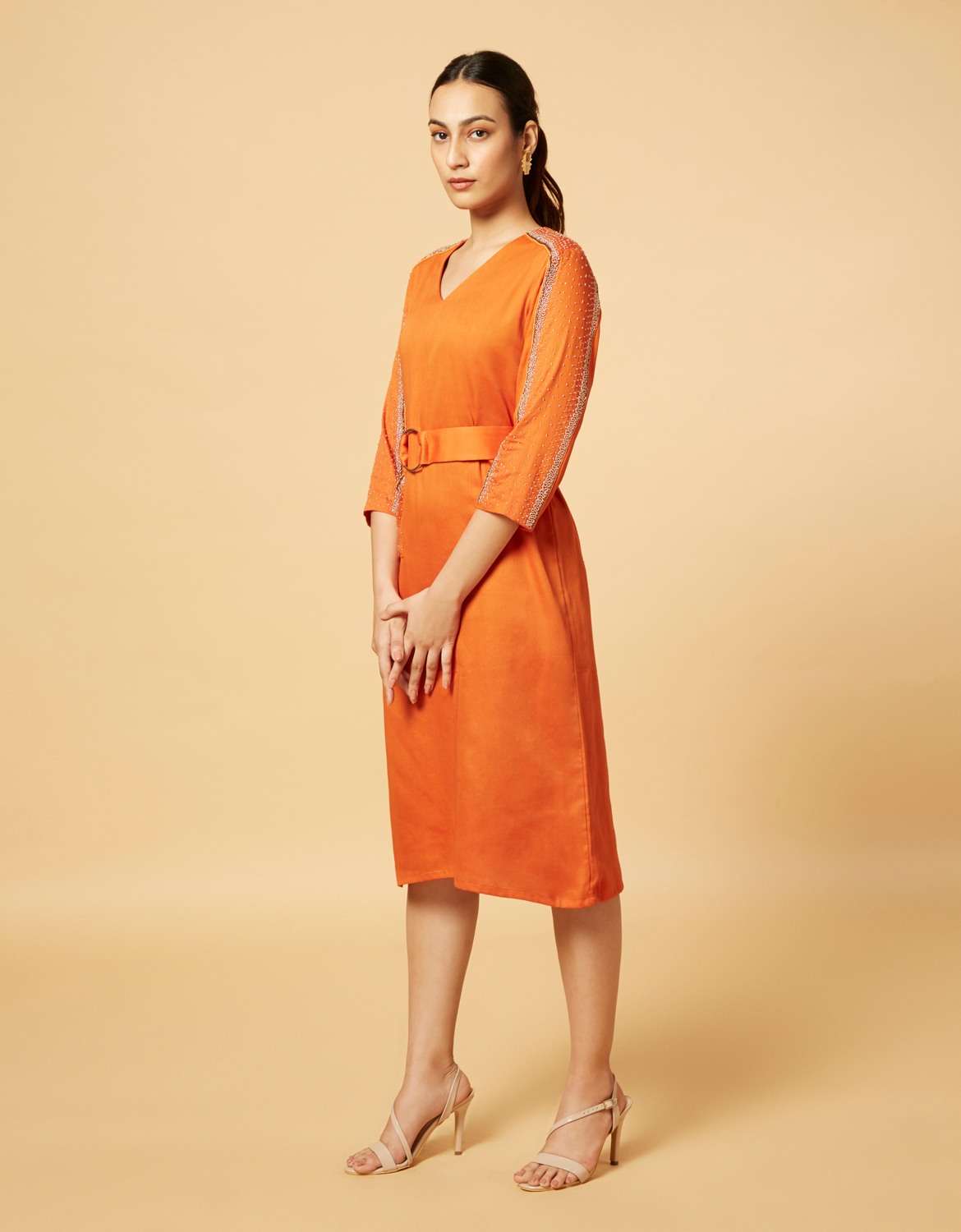 Orange sheath dress with belt