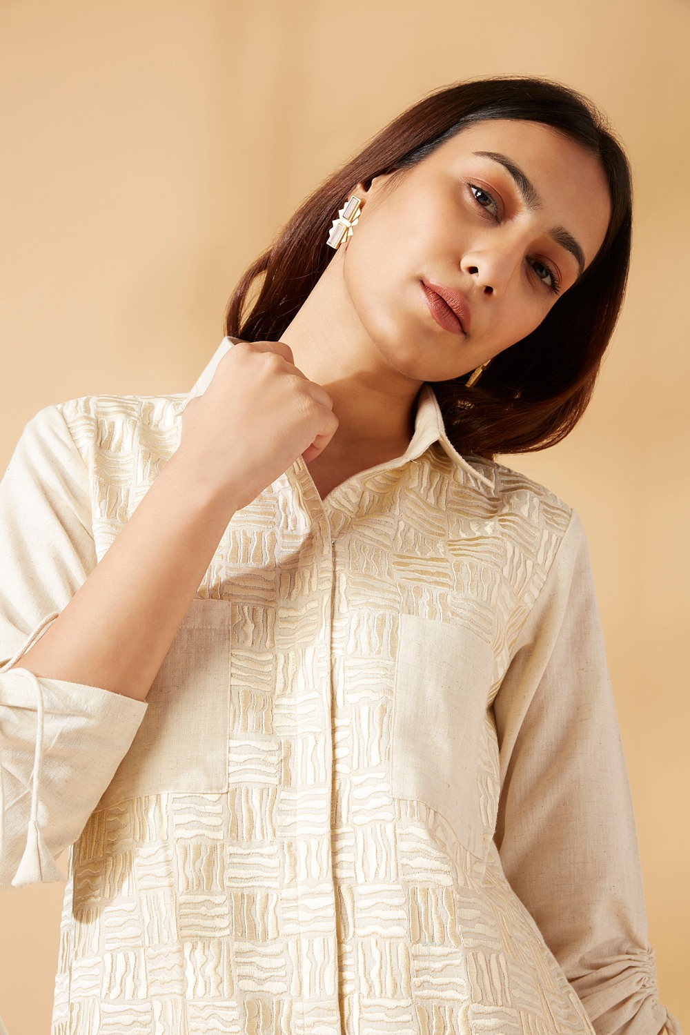 Textured shirt dress with sleeve detail