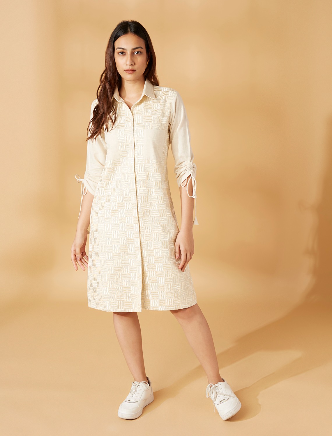 Textured shirt dress with sleeve detail