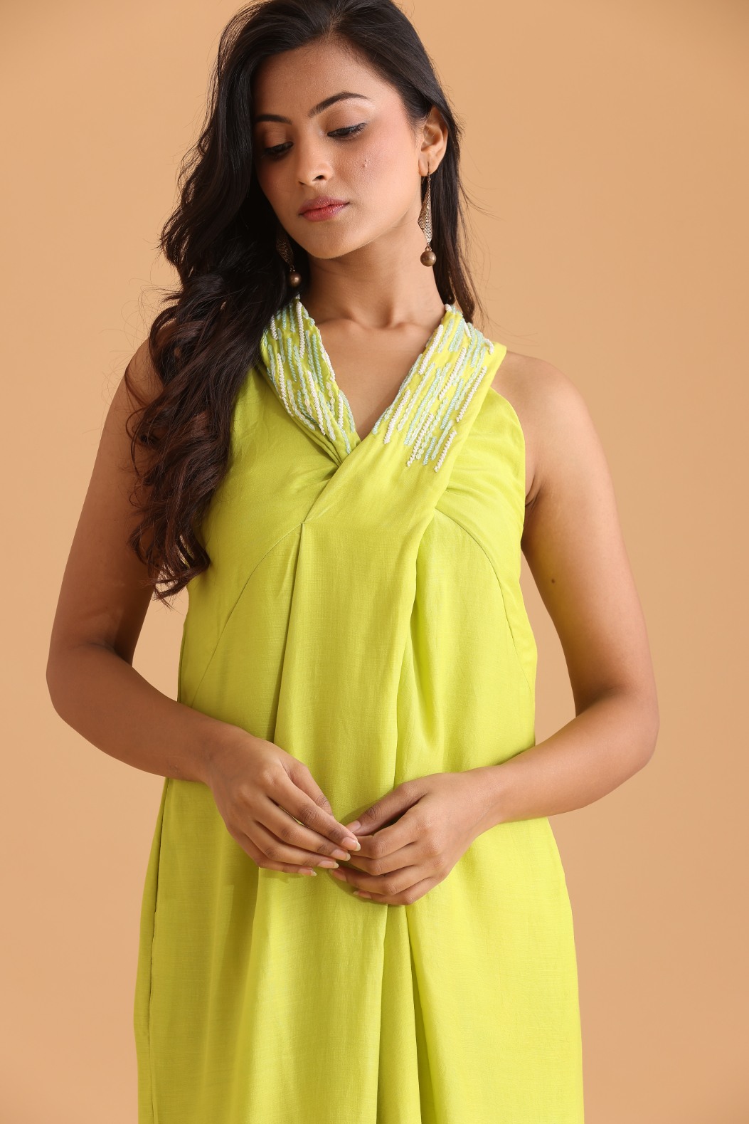 Criss cross neck embroidered dress
