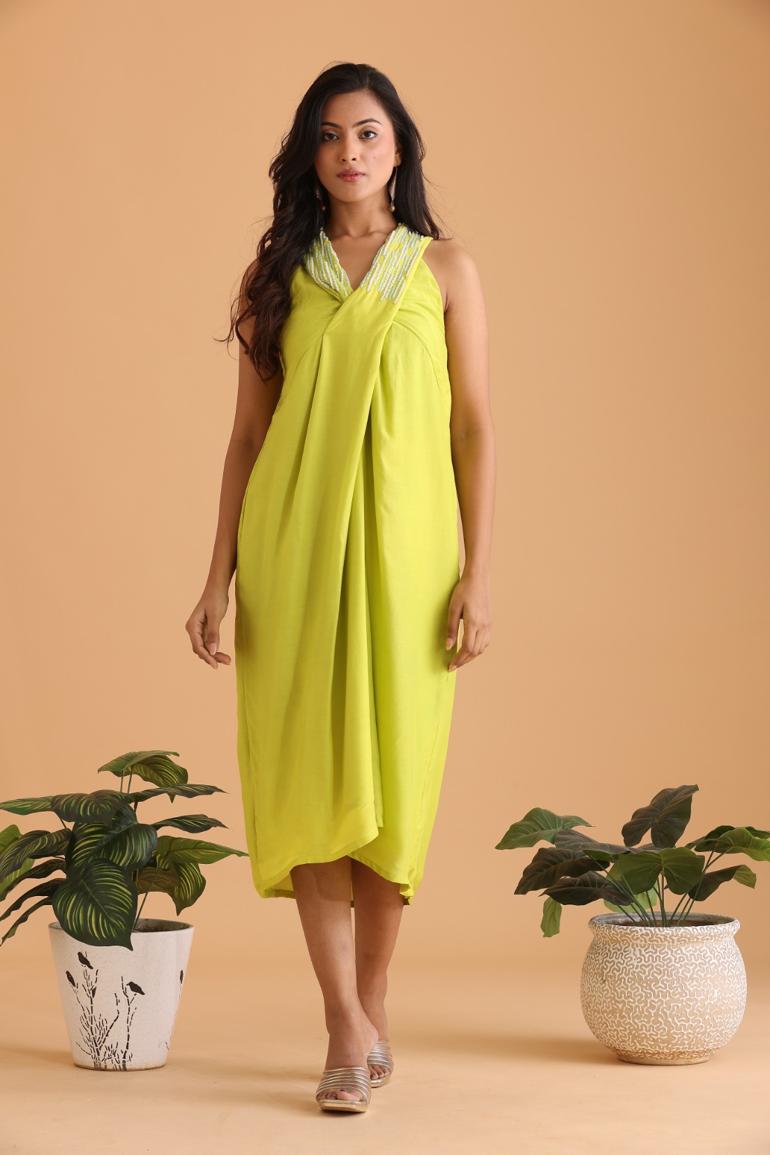 Criss cross neck embroidered dress