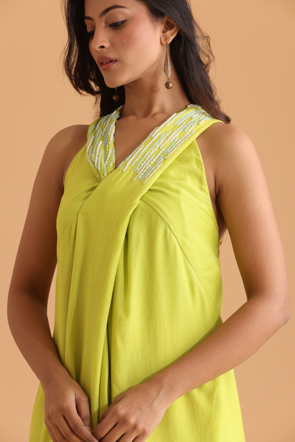 Criss cross neck embroidered dress