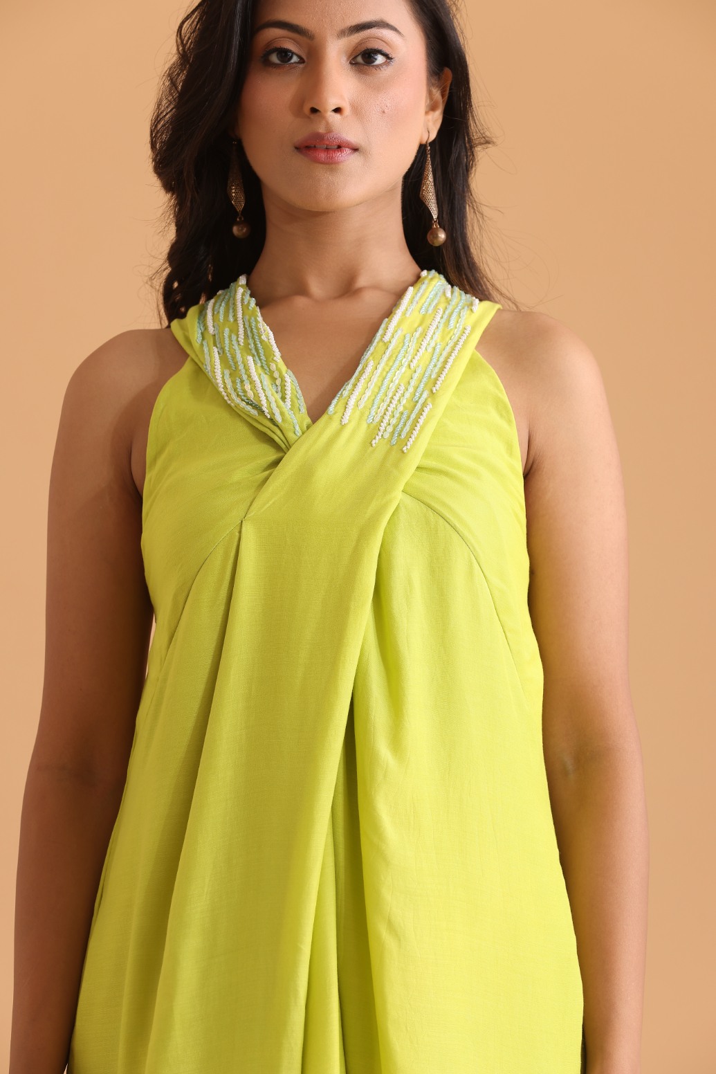 Criss cross neck embroidered dress
