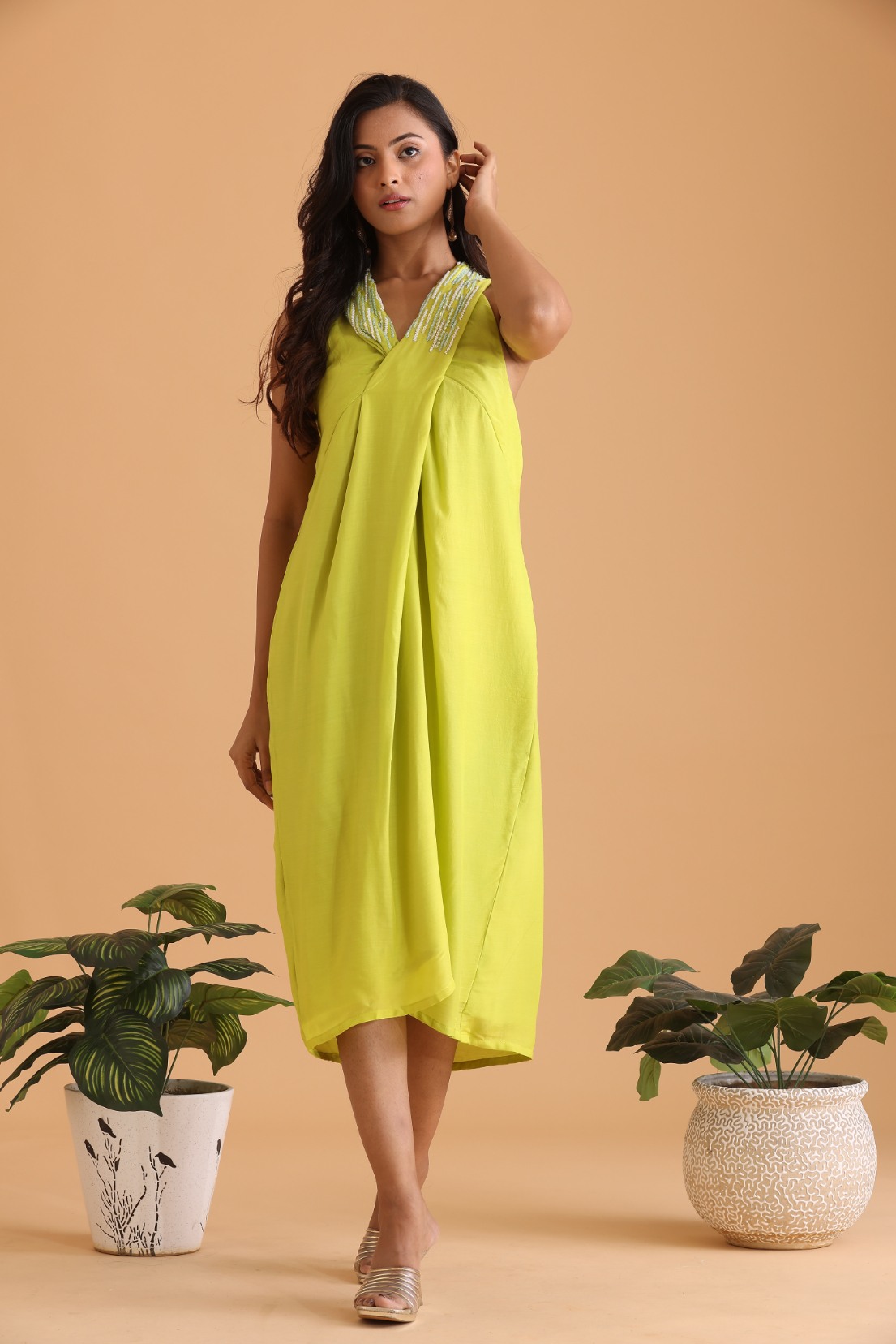 Criss cross neck embroidered dress