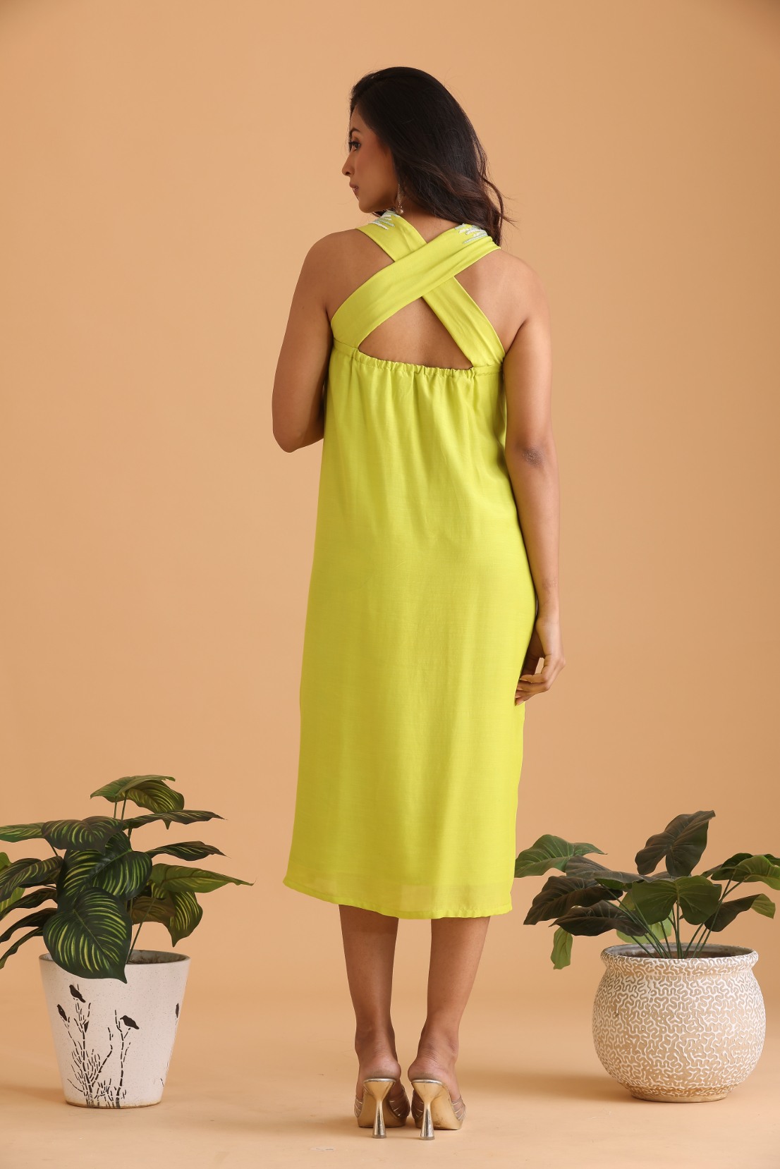Criss cross neck embroidered dress