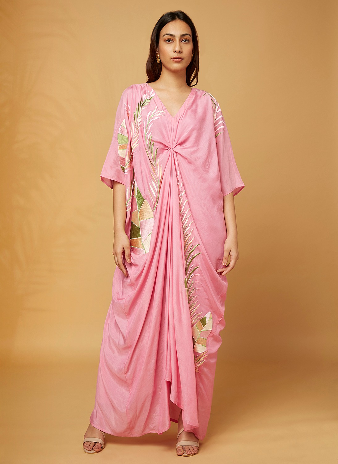 Cowl style kaftan long embroidered dress