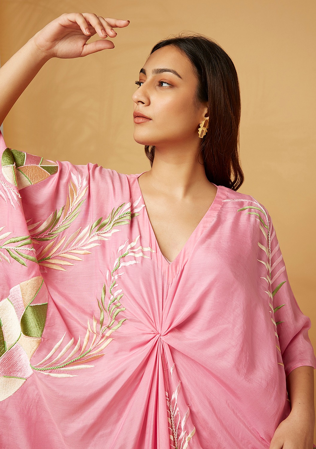 Cowl style kaftan long embroidered dress