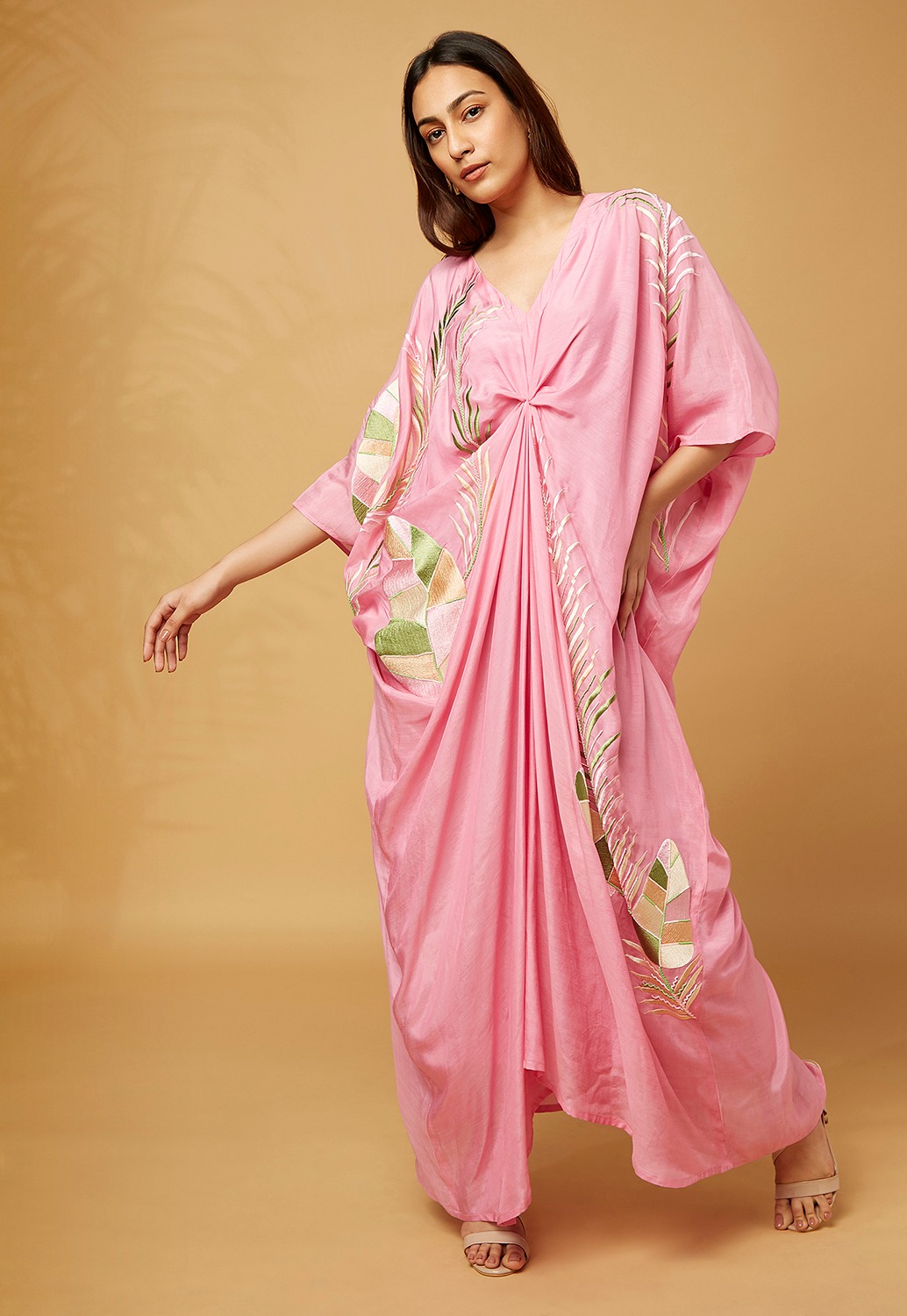 Cowl style kaftan long embroidered dress