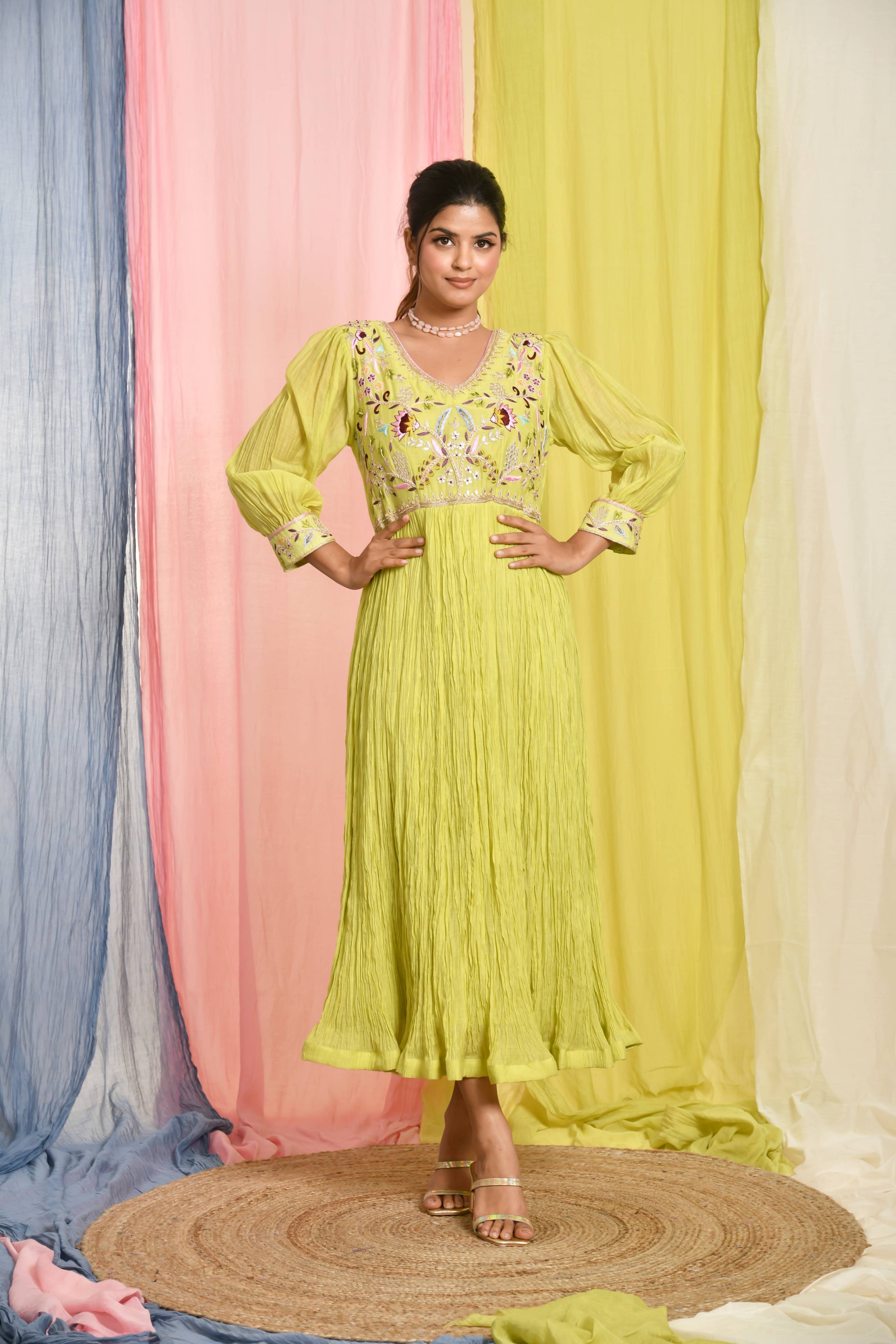 KAARAH BY KAAVYA | Lime Green Gathered Dress With Hand Embroidery On The Yoke undefined