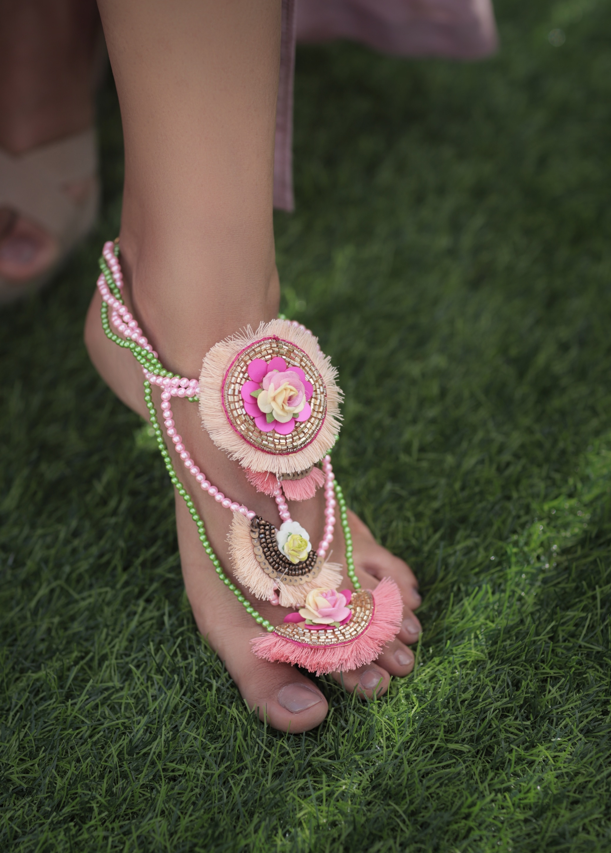 Floral art | A pair of Pink & Green Pearl work Floral anklet For Women undefined