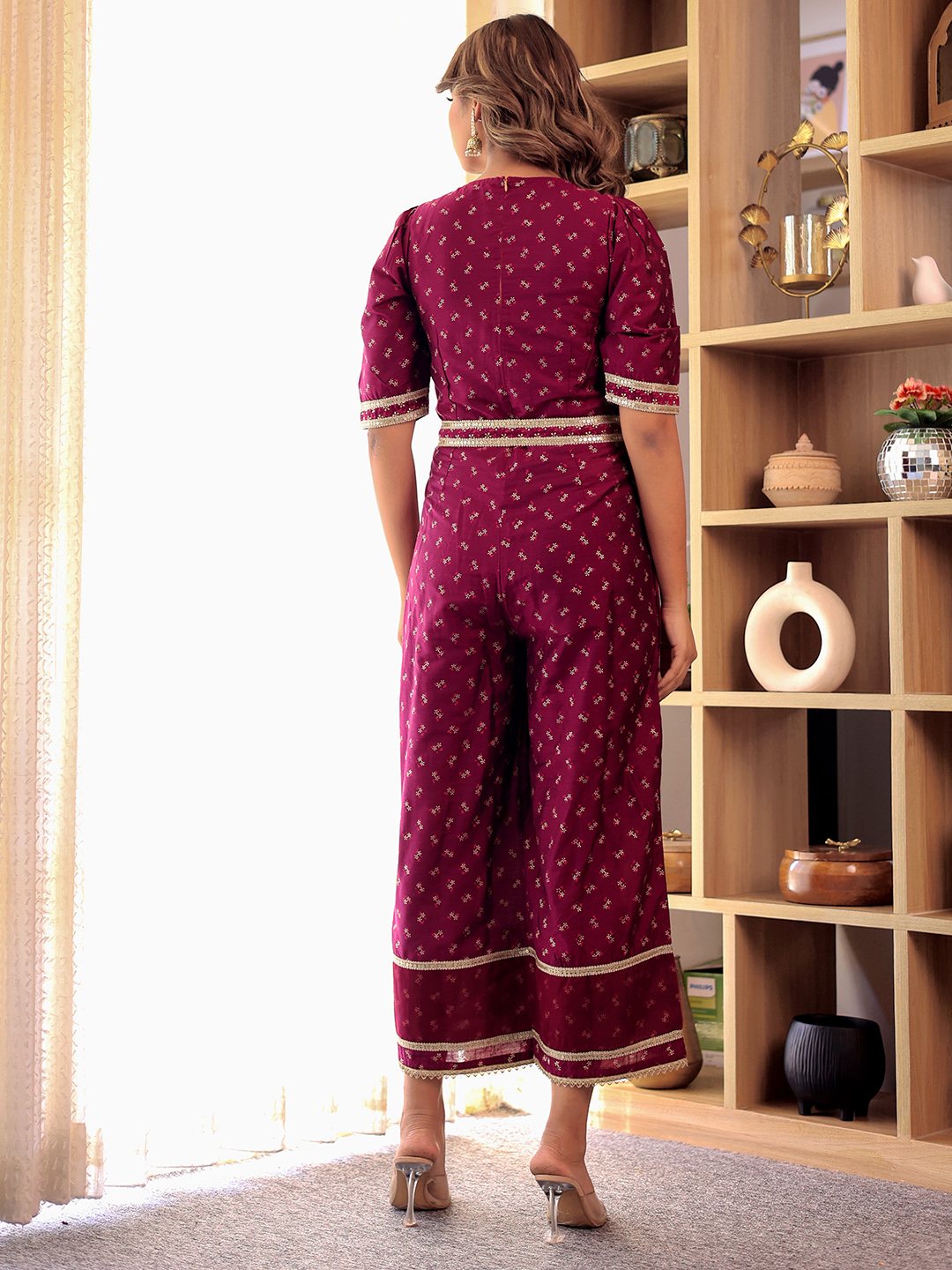 PURPLR PRINTED ROUND NECK JUMPSUIT WITH BELT