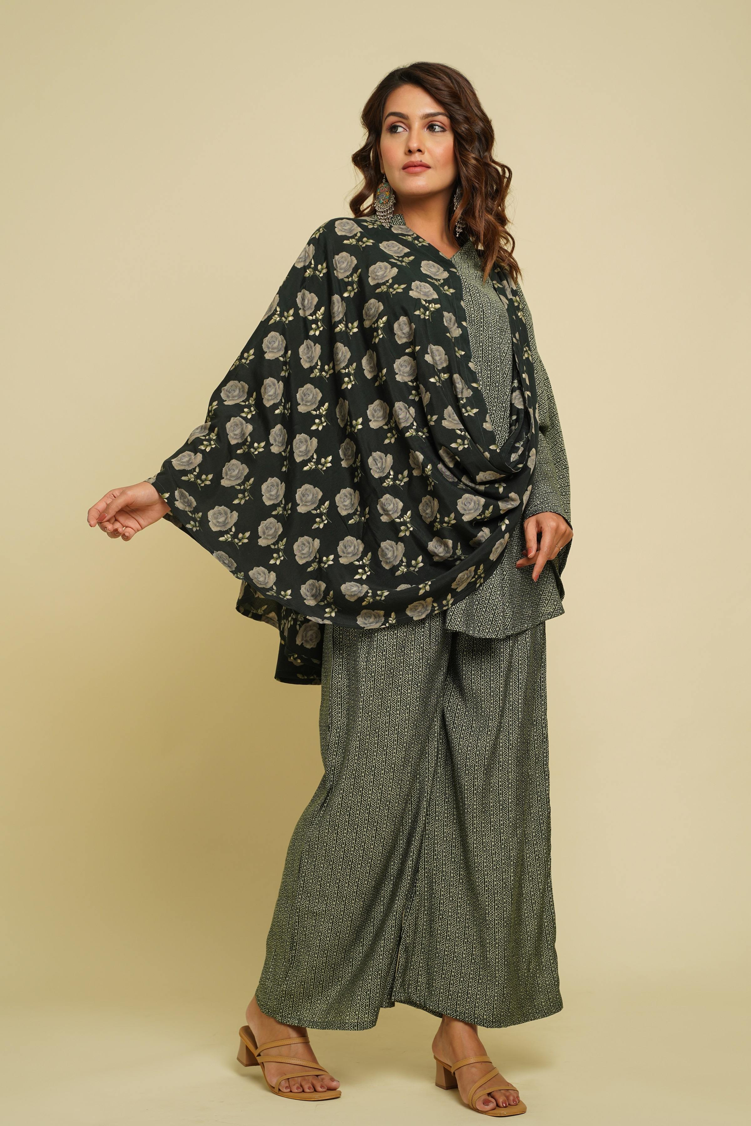 GREEN PRINTED COWL NECK CO-ORD SET