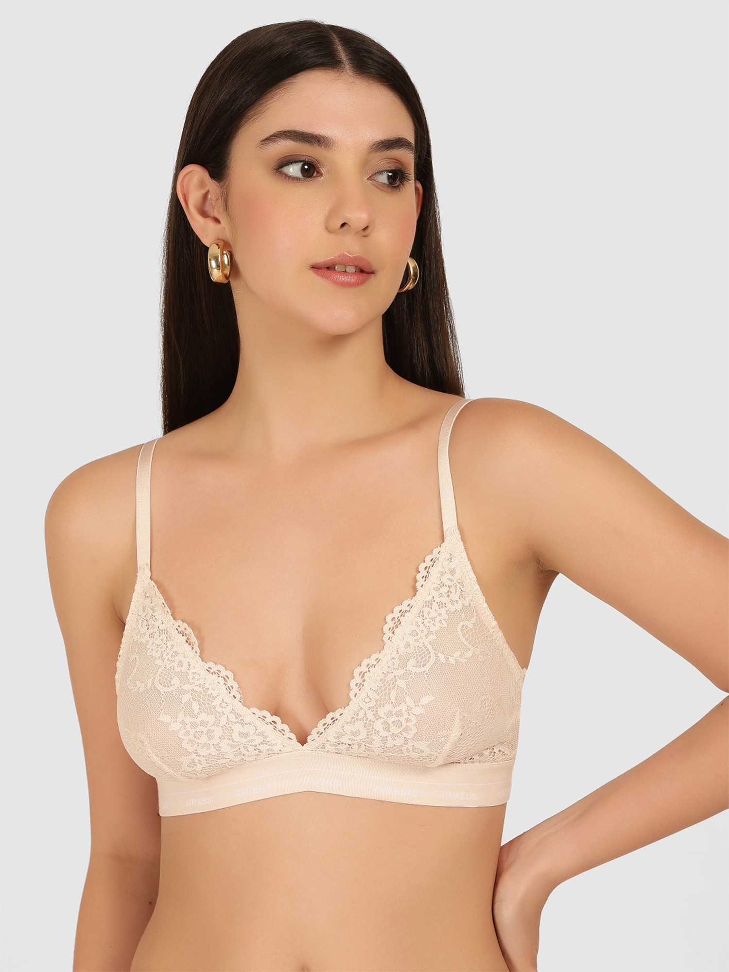Guess Cream Cotton Solid/Plain Women Pushup Bra
