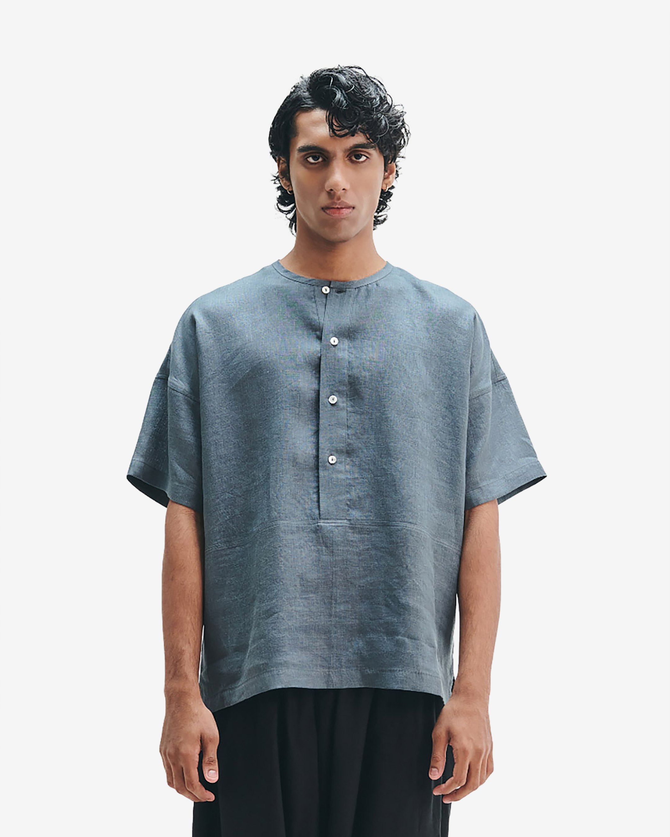 Slate Linen Men's Half Sleeves Panelled Shirt Kurta