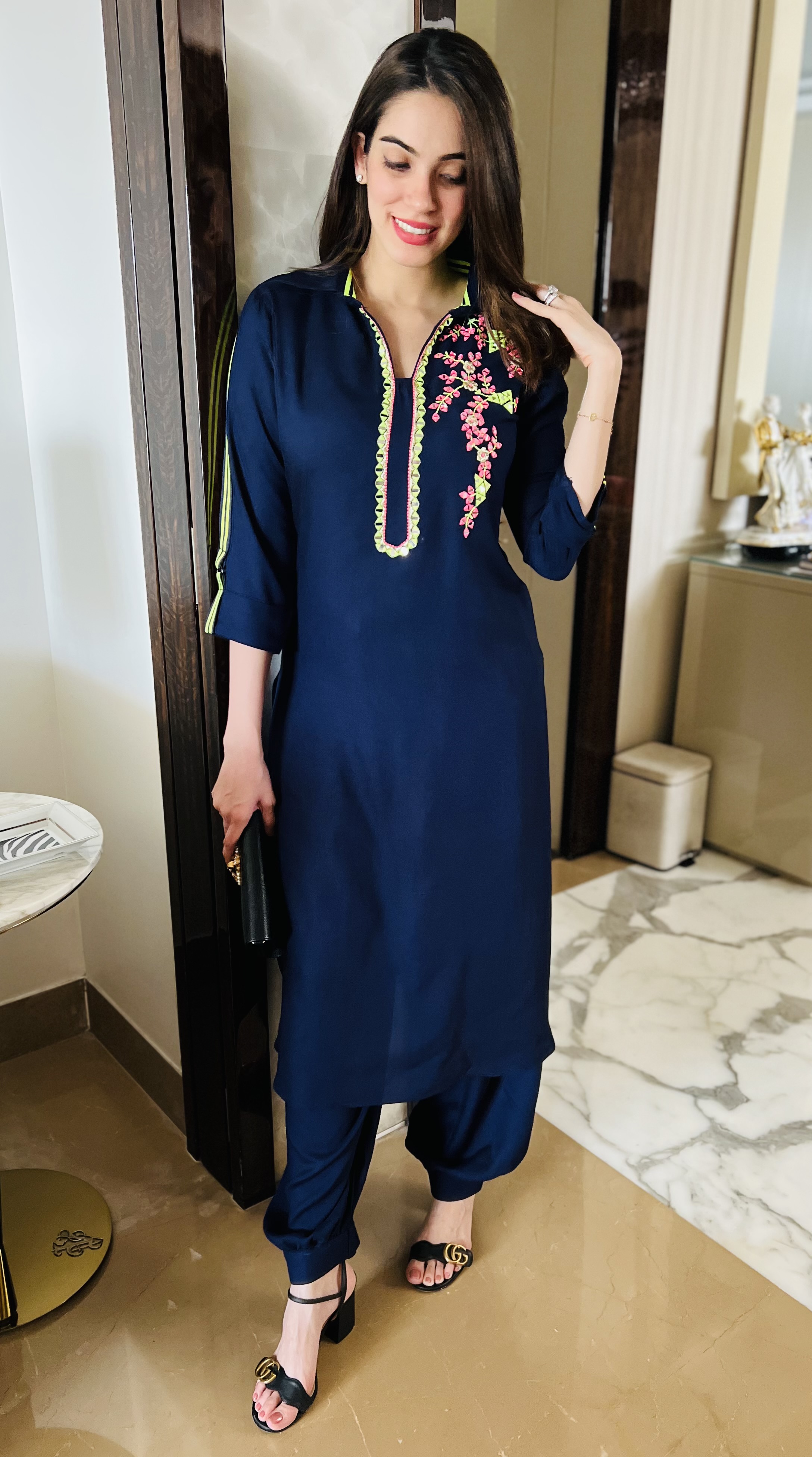 Navy blue embroidered long cord