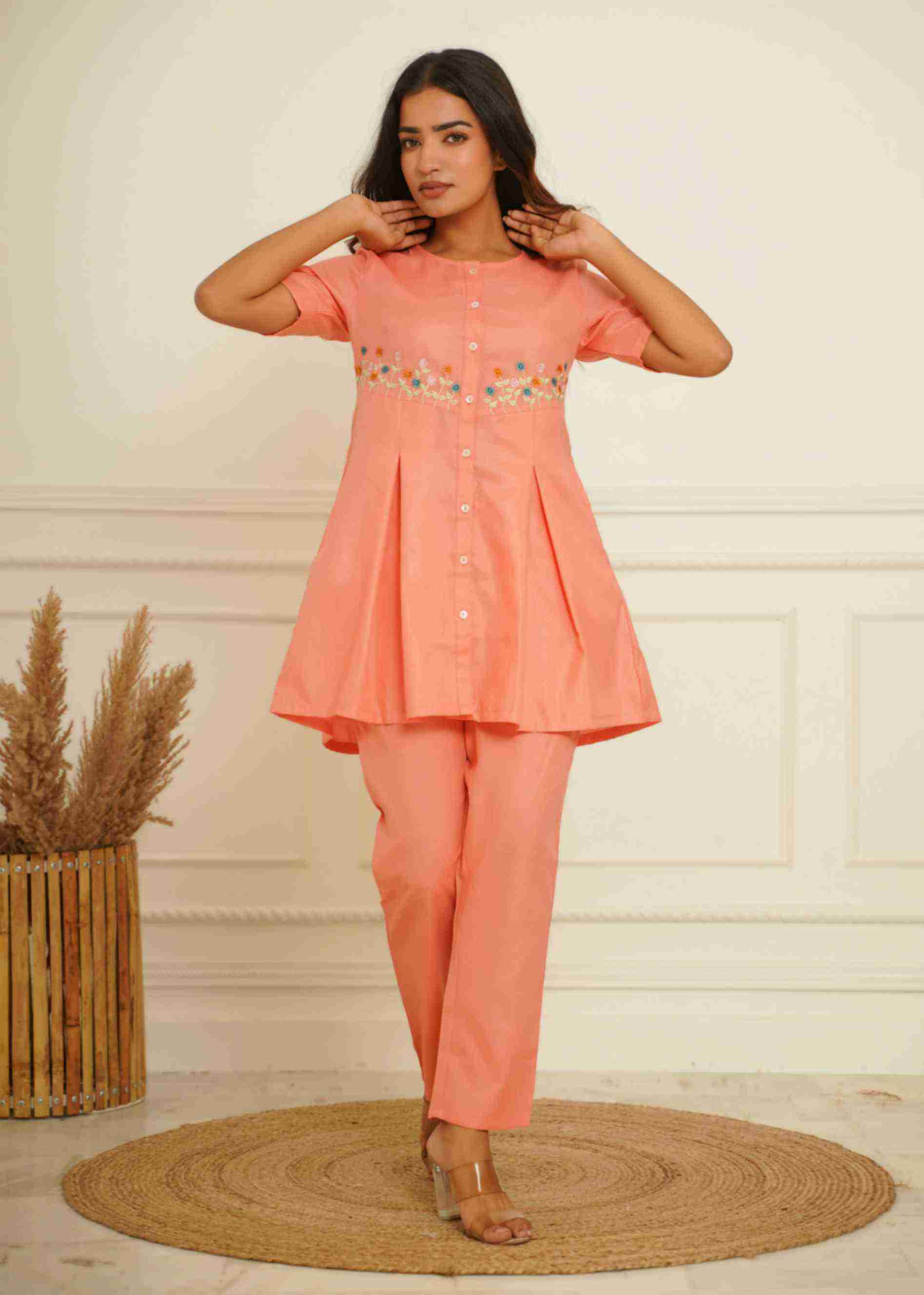 COTTON BLENDED PEACH CO-ORD SET
