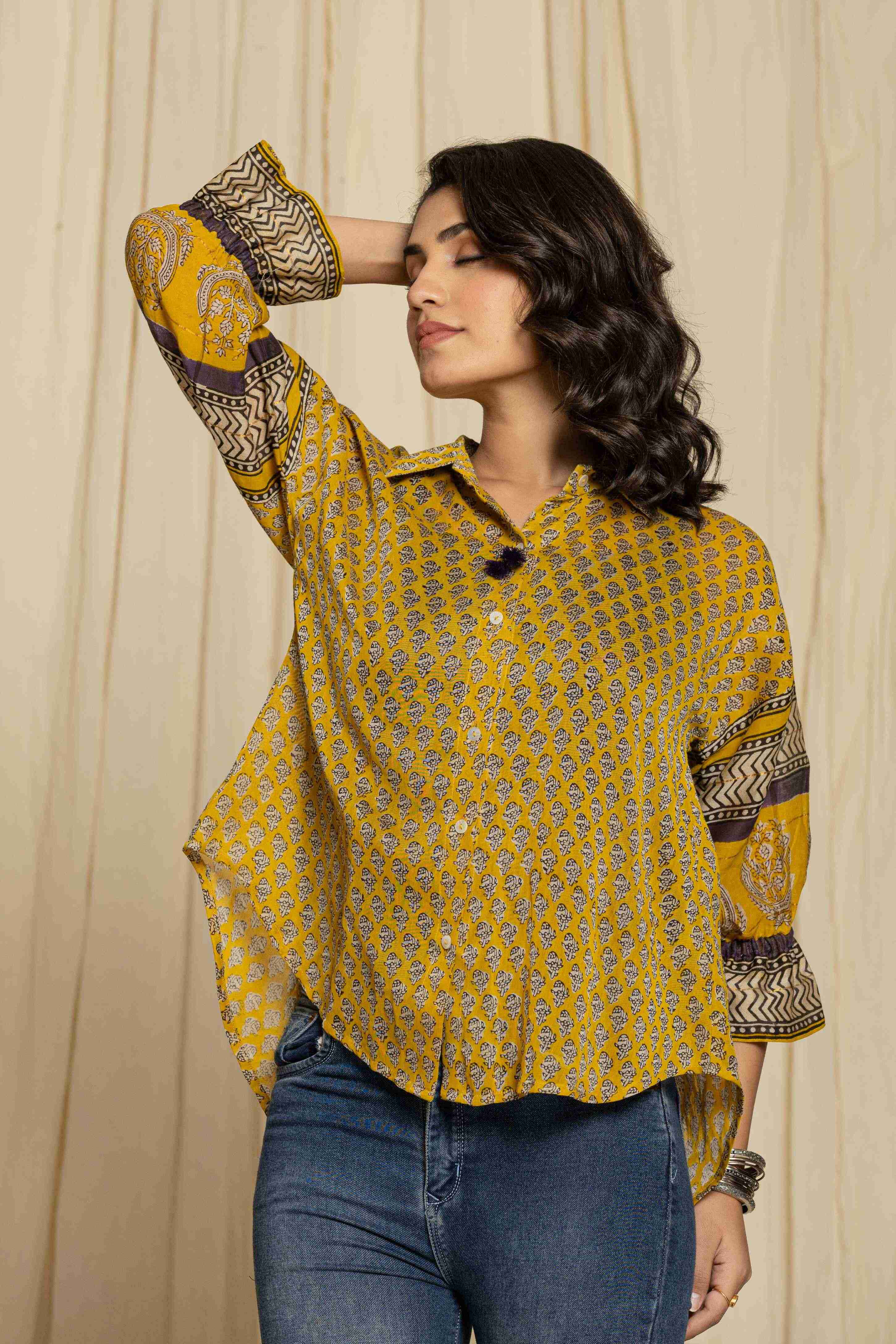 Block printed yellow shirt