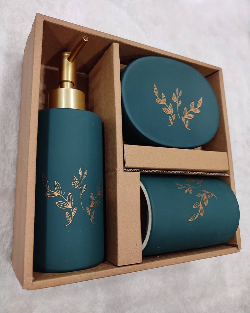Order Happiness | Order Happiness Beautiful Design Bathroom Accessories Set of 3, 1 Soap Dispenser, 1 Soap Tray, 1 Toothbrush Holder Ceramic Bathroom Set - Dark Green (Pack of 3) 2