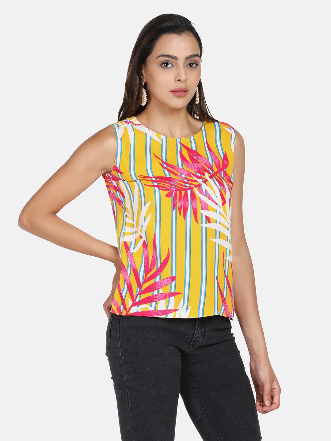 Rayon Sleeveless Yellow Leaf Printed Top