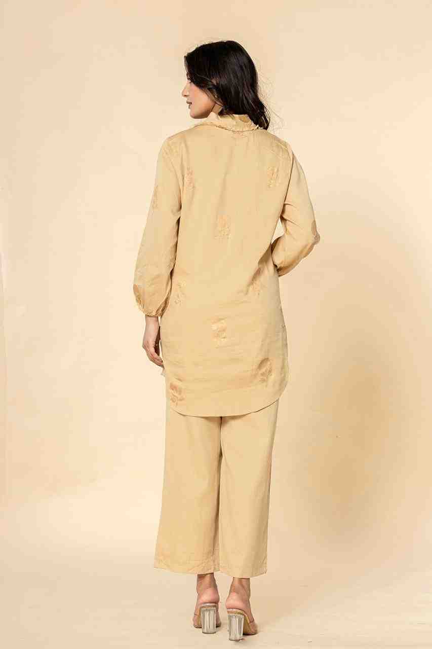 Naksh Beige Cotton Satin Co-ordinated Set With Gold Print (Set of 2)