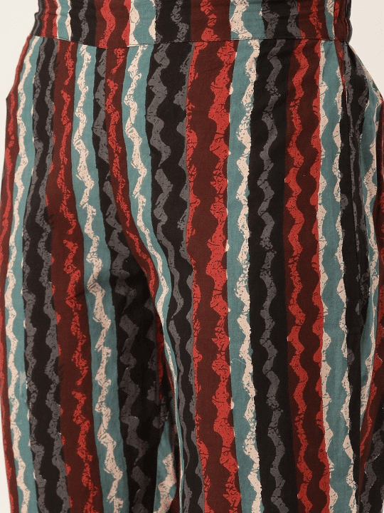 Women Coffee Brown & Blue Printed Kurta with Trousers