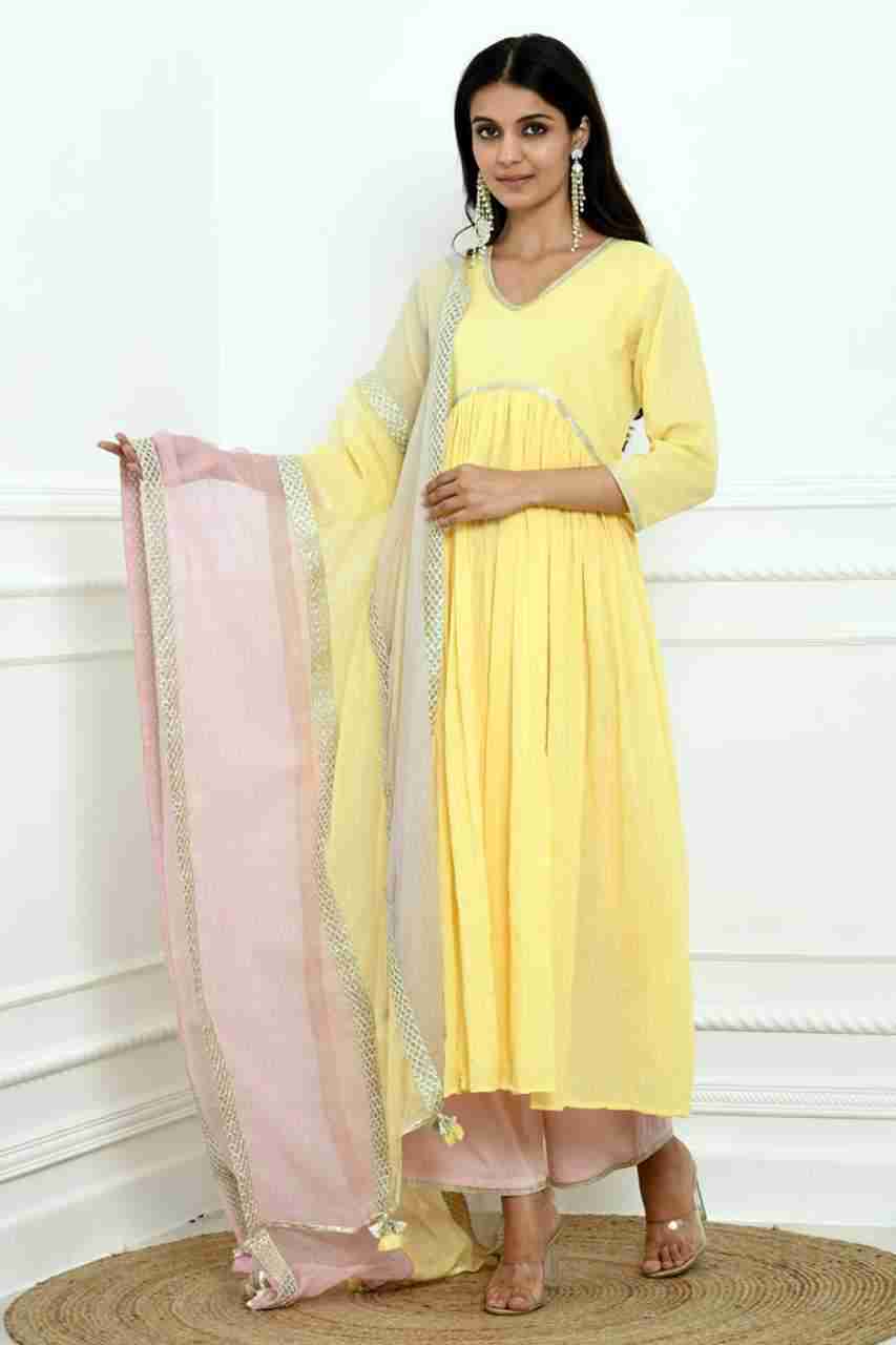 Naksh Yellow Solid Voile Kurta, Pants & Tricolour Dupatta (Set of 3)