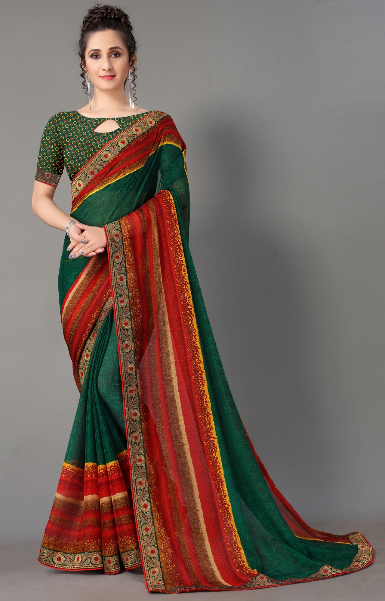 Women Dark Green Chiffon Printed Saree-S_L21SHUBHLABH31009SSR01