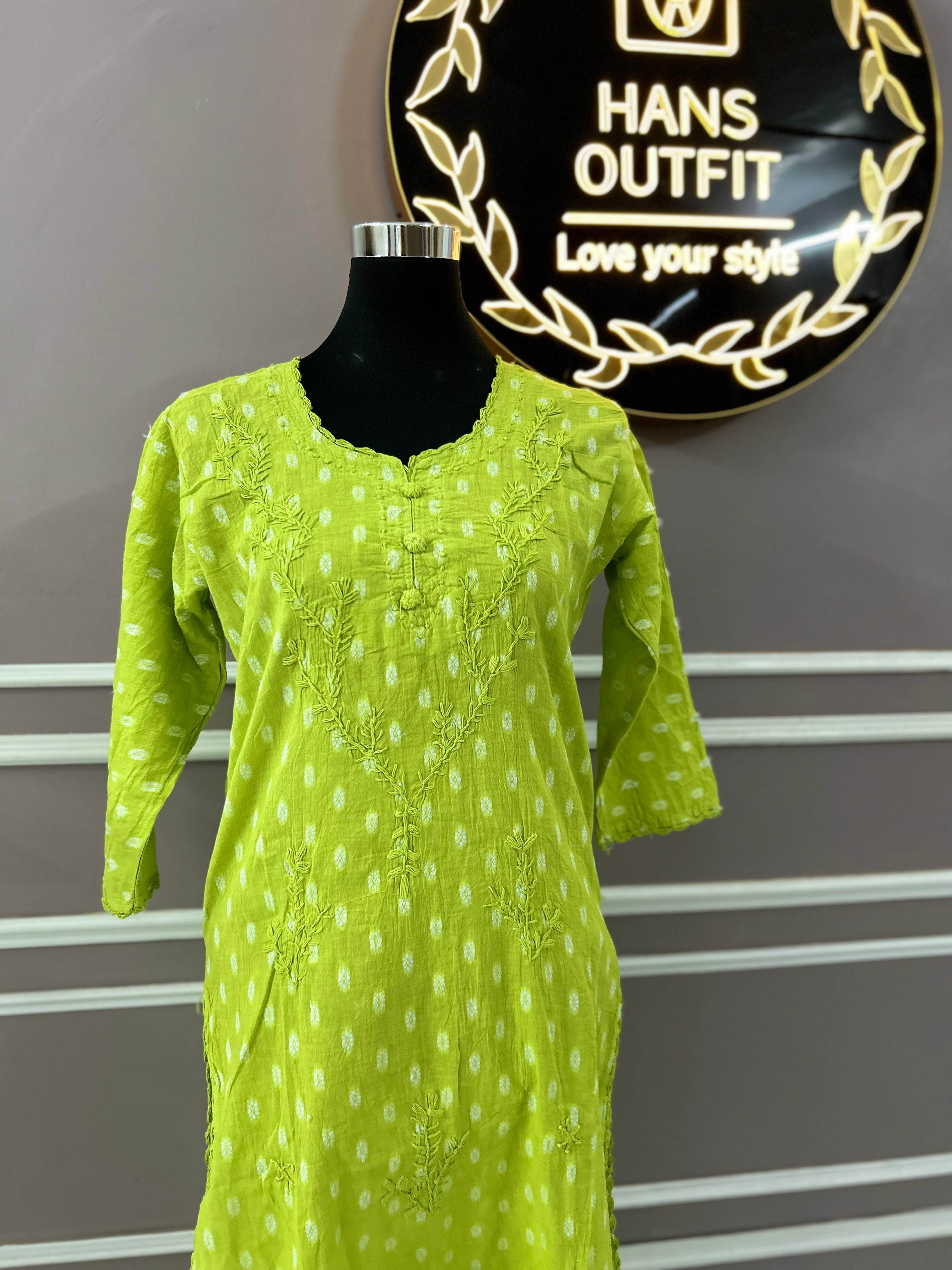 Parrot Green Lucknowi chickenkari cotton  kurta
