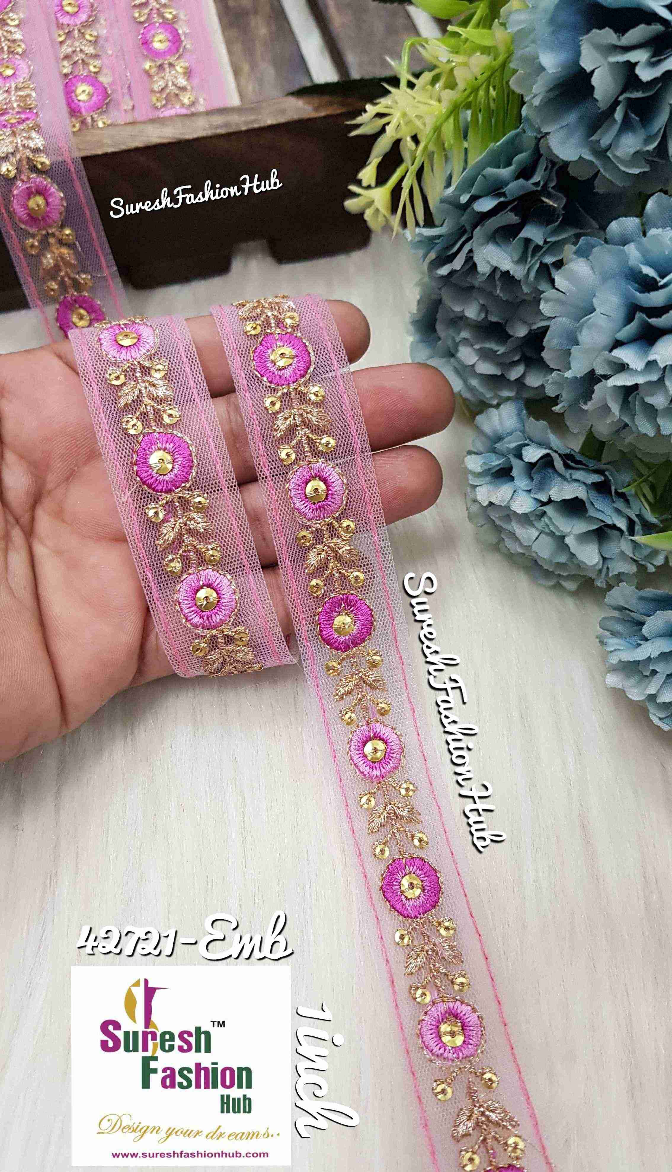 Pink Threaded  Petals with Zari Embroidered Trim