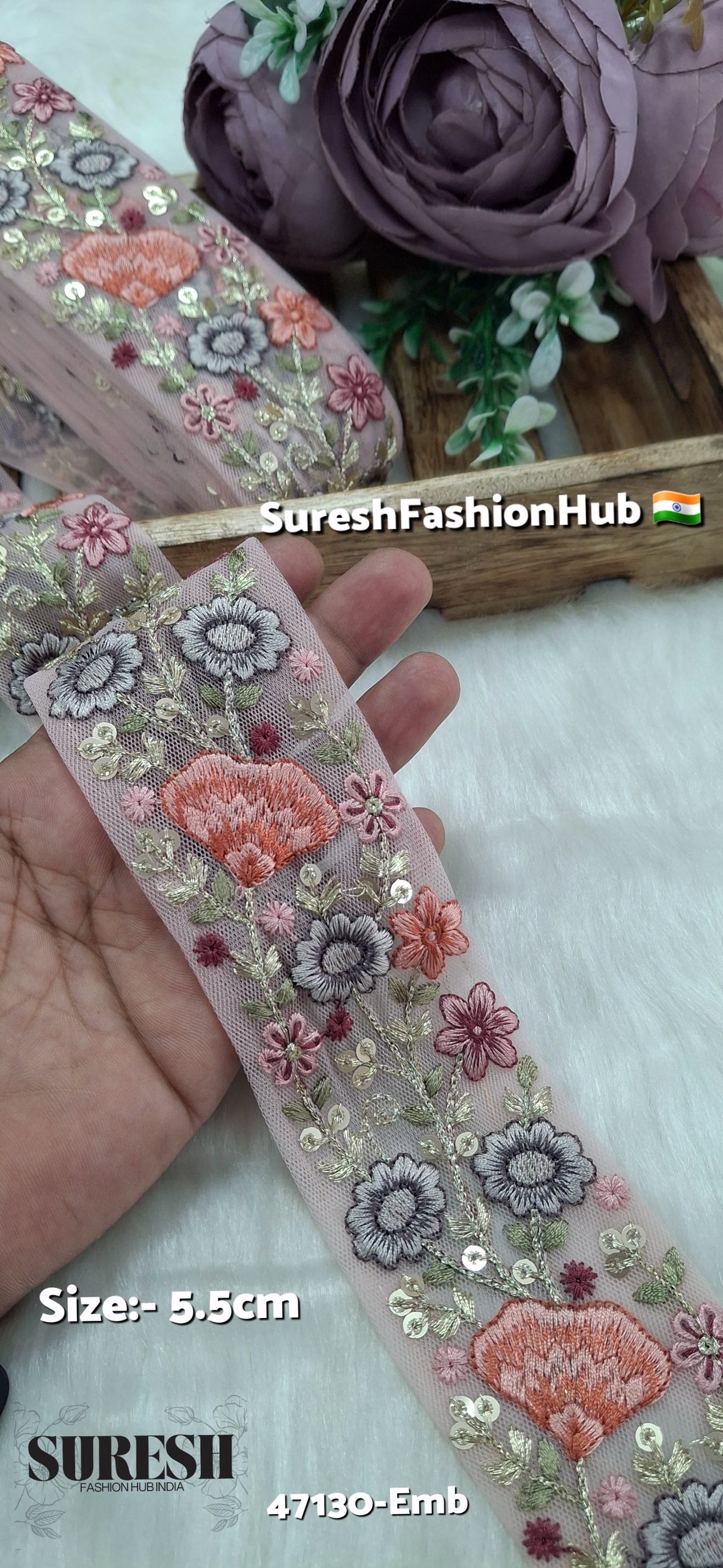 Pink  Net Multi-Thread Floral Embroidery Lace