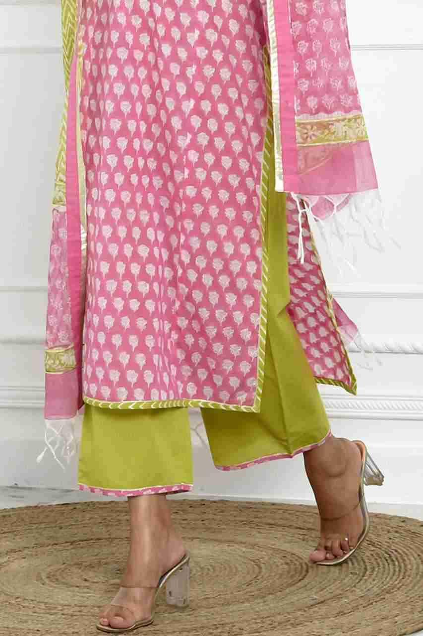 Naksh Pink Green Block Printed Straight Kurta, Pants And Dupatta (Set of 3)