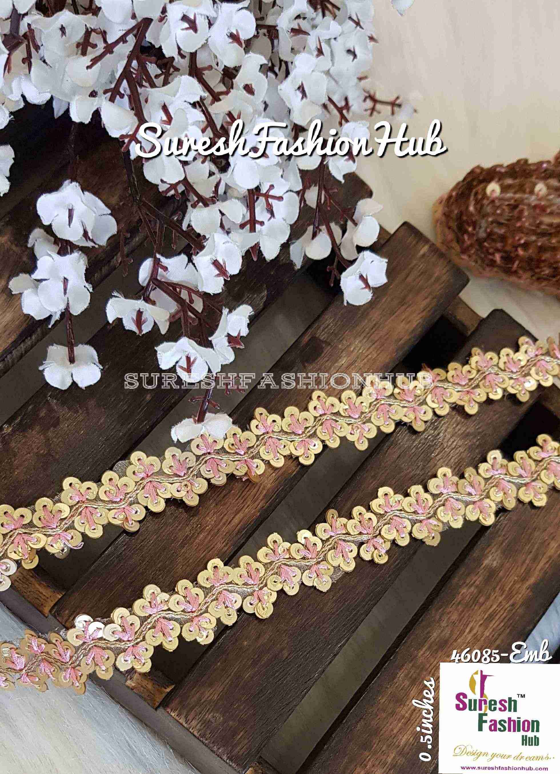 Sequence Pink Thread Embroidered Leaves Designer Trim