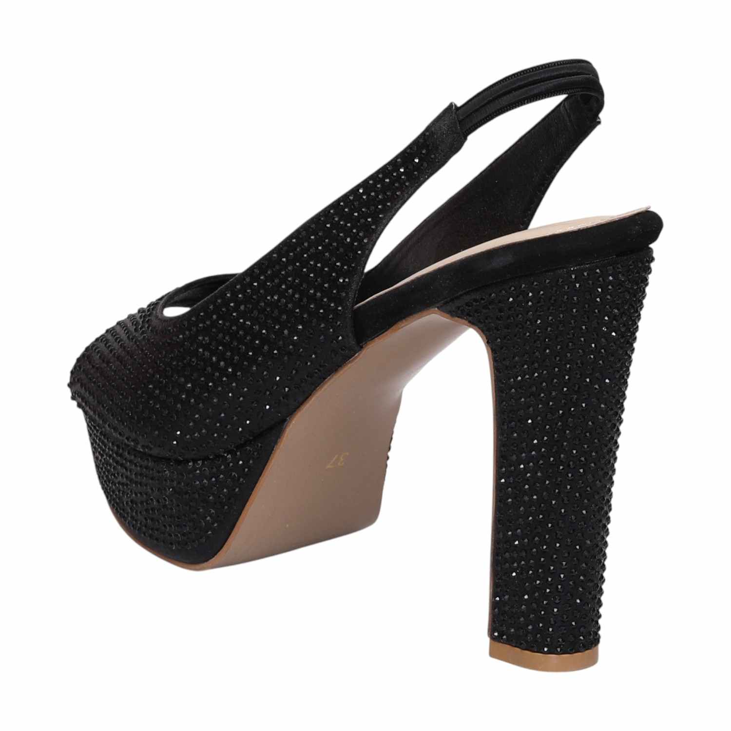 Women Black Rhinestone Slingback Platform Heels