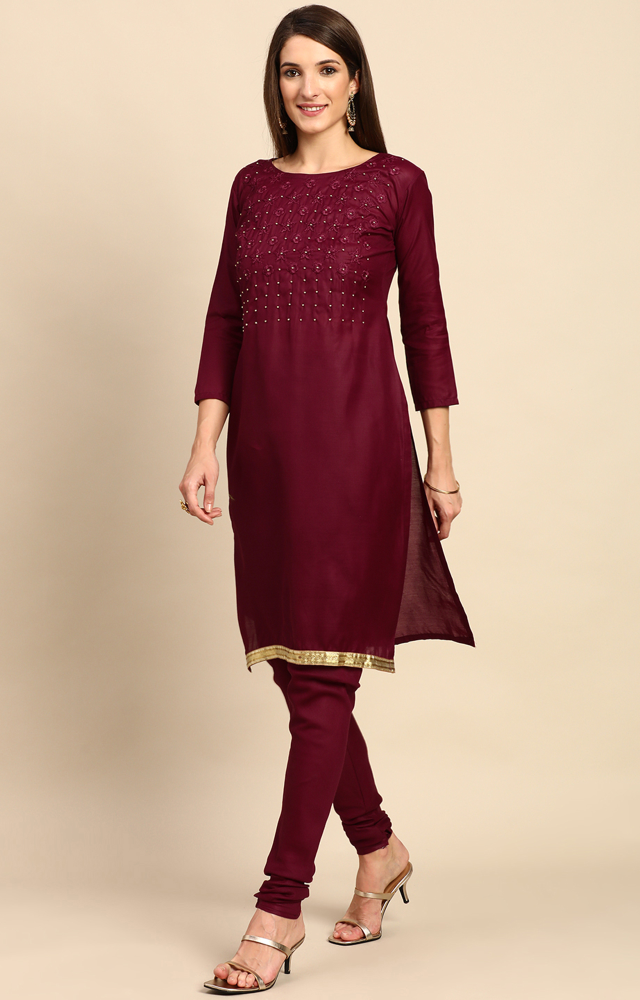 Shaily Women Maroon Color Cotton Embroidered With Pearl Unstitched Dress Material-VF_KRINA_MRON_DM