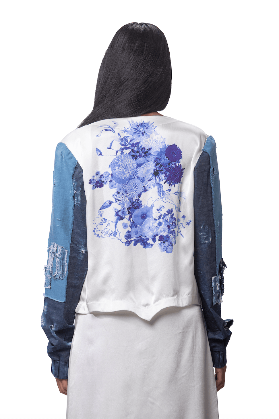 PRINTED BOMBER WITH ASSYMETRIC SKIRT