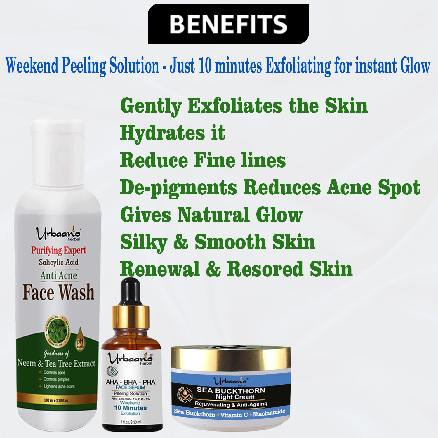 Urbaano Herbal | Urbaano Herbal Acne Free, Rejuvenating Facial Kit- AHA Peeling Serum, Sea Buckthorn Night Cream, Neem, Tea Tree Face Wash-180gm 2