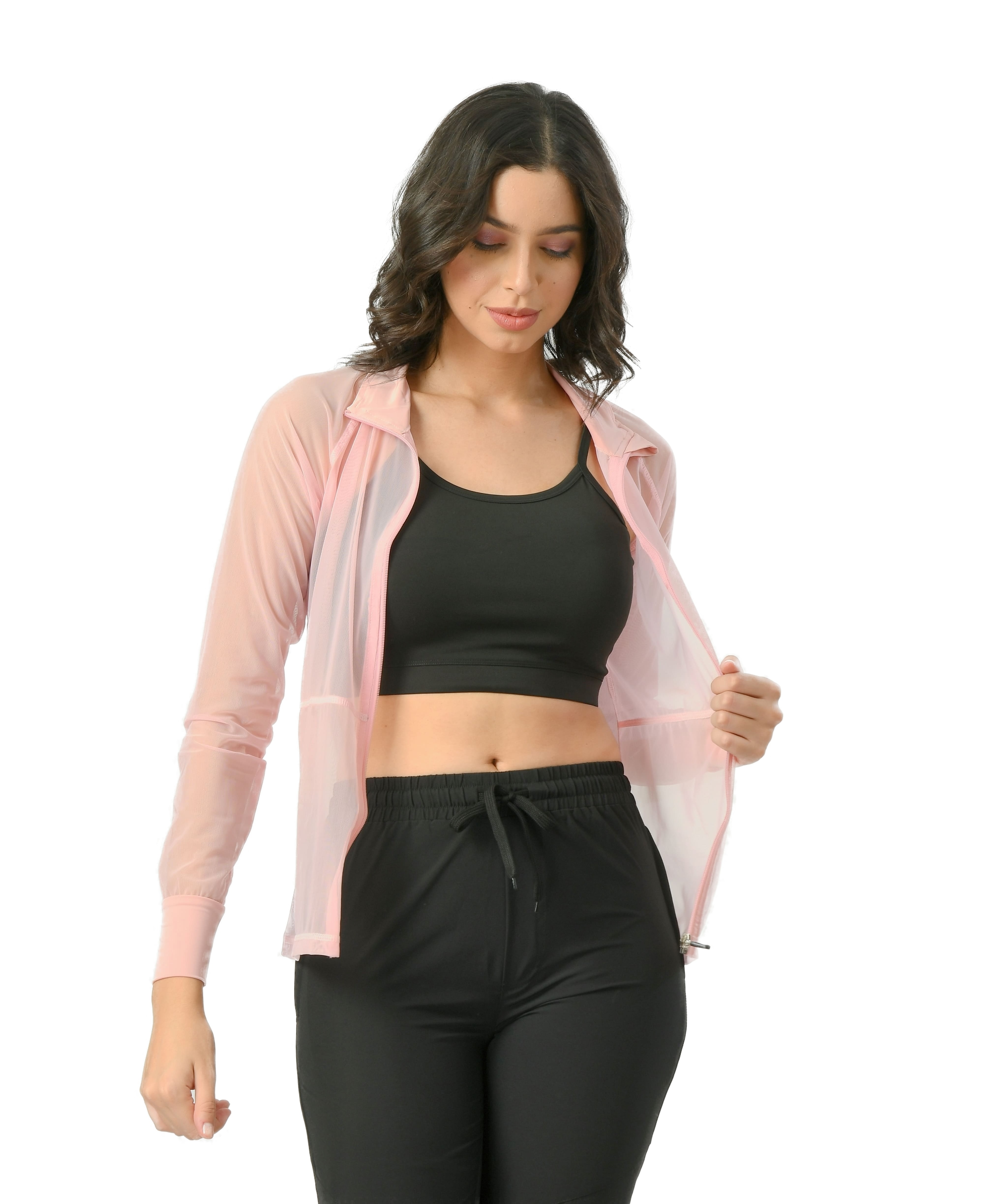Women's Solid Mesh Baby Pink Activewear Jacket