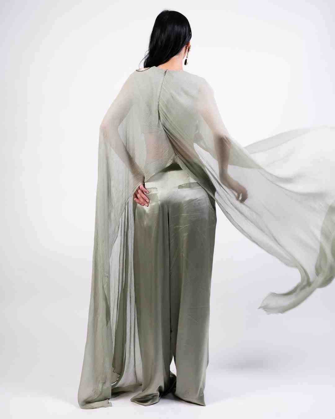 AKOK Green Silk Dupatta Cape with Trouser Co-ords